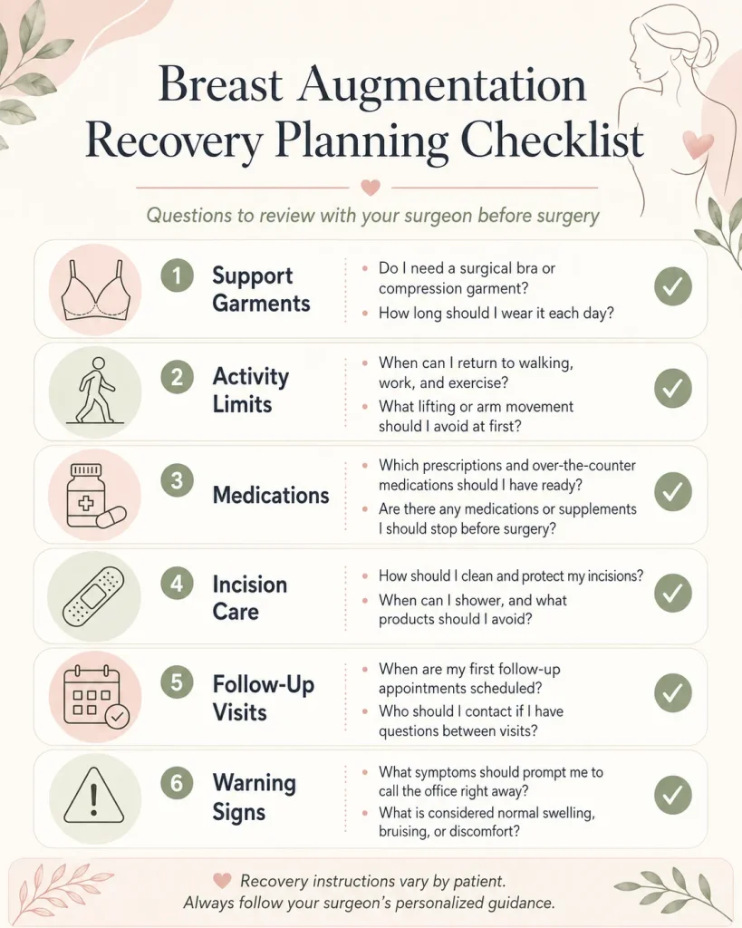 breast augmentation recovery checklist with support garments, activity limits, medications, incision care, and follow-up questions